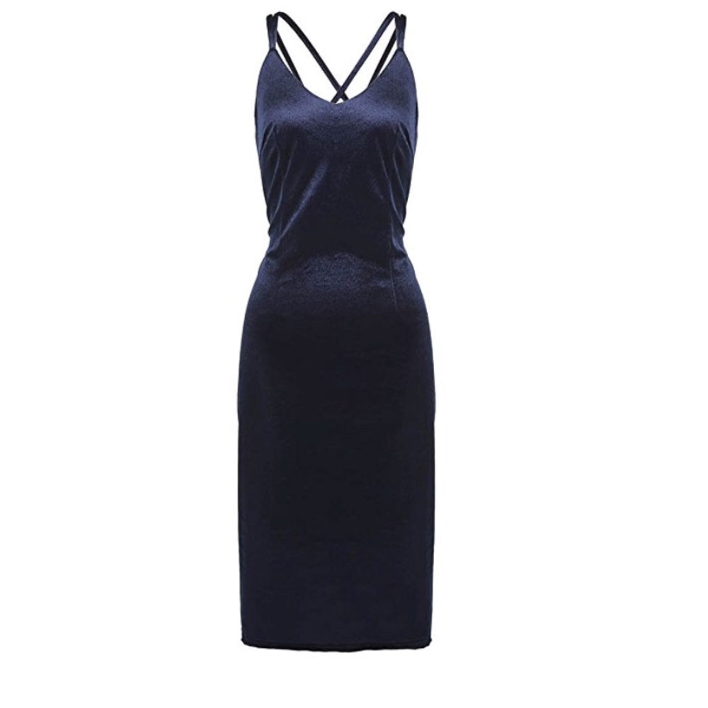 Velvet Blue Spaghetti Strap Bodycon Midi Dress - Picture 2 of 7